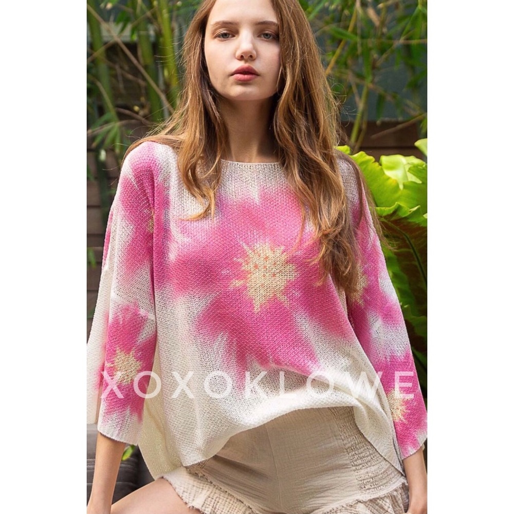 LAST ONE POL Pink Floral Print Wide Neck Lightweight Sweater Oversized - Picture 4 of 16